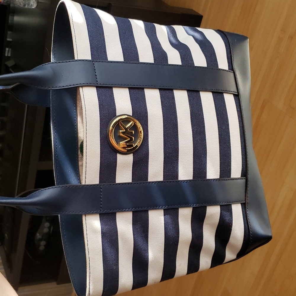 Michael Kors Fulton Striped Navy/Cream Canvas Leather Tote